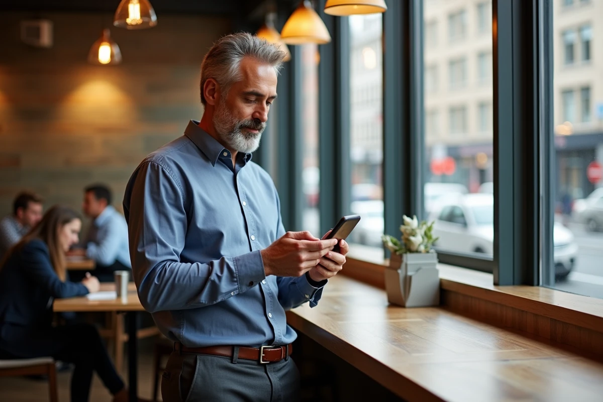 Homme d affaires cherchant des offres d emploi au café