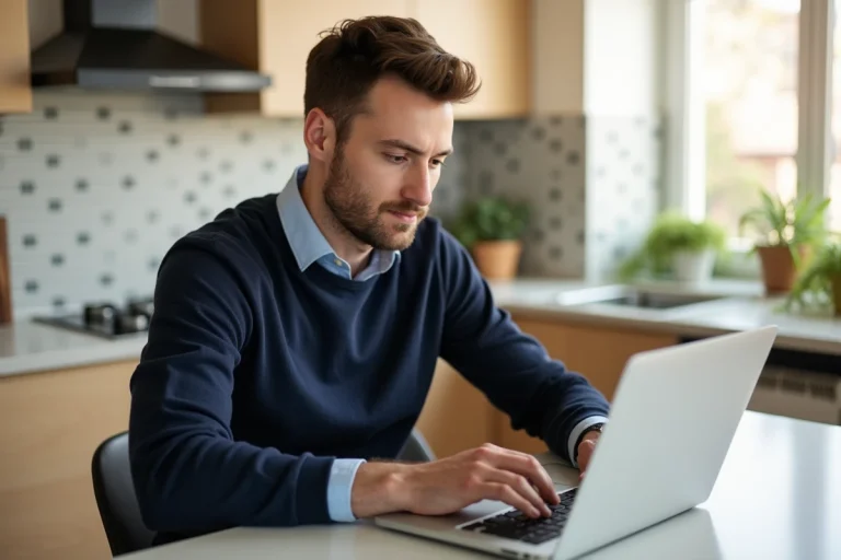 Homme décontracté regardant son ordinateur dans une cuisine lumineuse