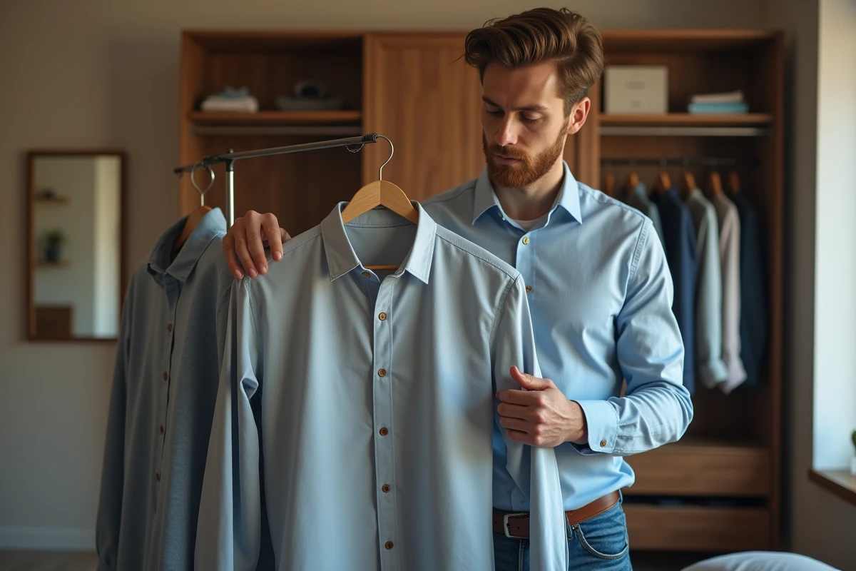 Jeune homme compare deux chemises dans sa chambre