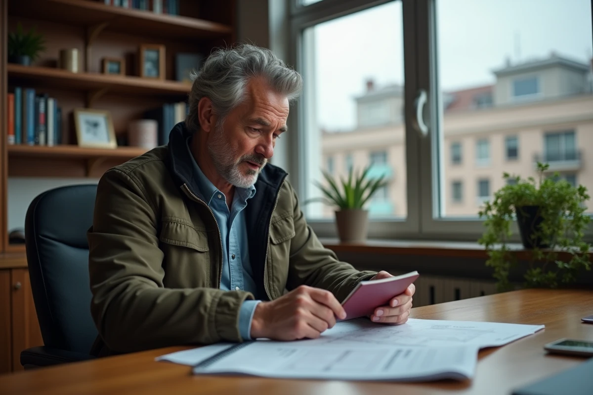 Homme réfléchissant avec passeport et itinéraire à la maison