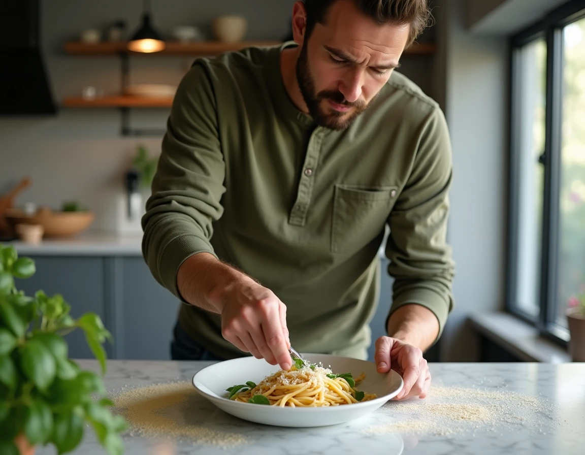 Homme en cuisine moderne dressant une assiette de pâtes maison garnies de basilic frais et de parmesan râpé sur un plan de travail en marbre