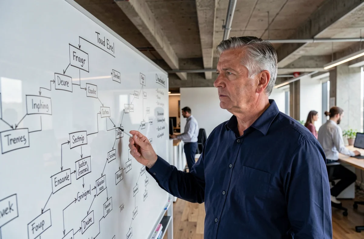 Homme d'affaires expliquant une structure de sitemap hiérarchique sur un tableau blanc dans un bureau professionnel