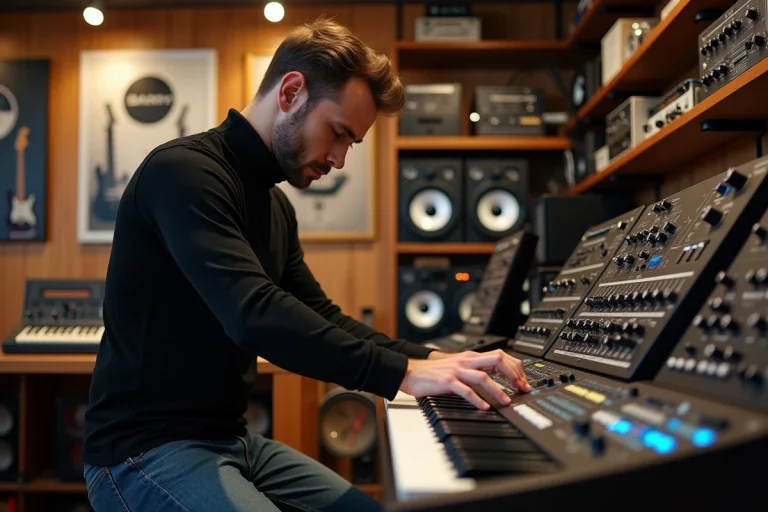 Homme inspectant instruments de musique en magasin