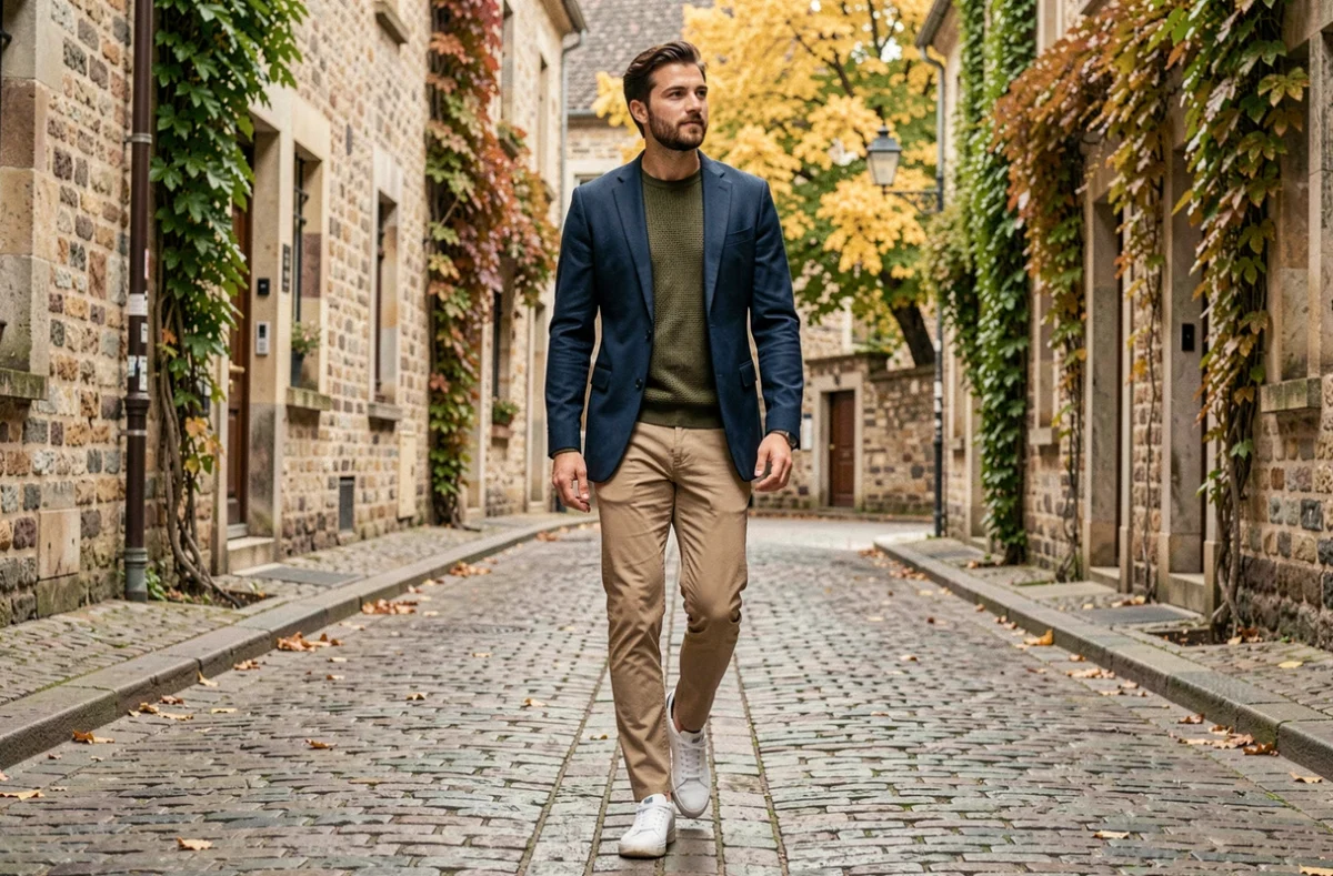 Homme stylé en blazer marine et pull texturé marchant sur un pavé européen automnal illustrant un look tendance masculin