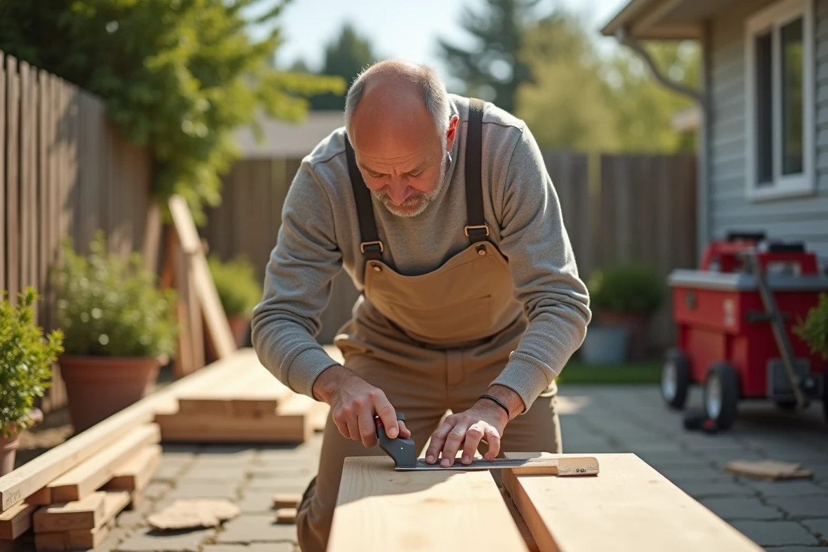Homme mesurant une planche en bois dans un jardin ensoleille