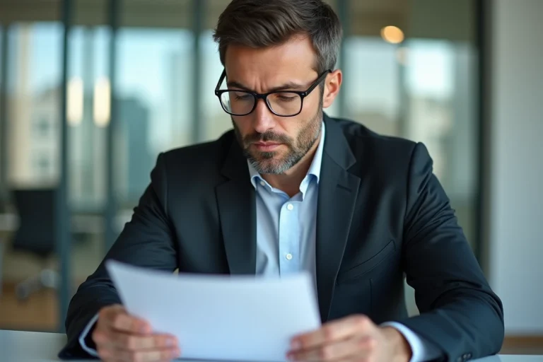 Homme en costume examine un document de salaire dans un bureau moderne