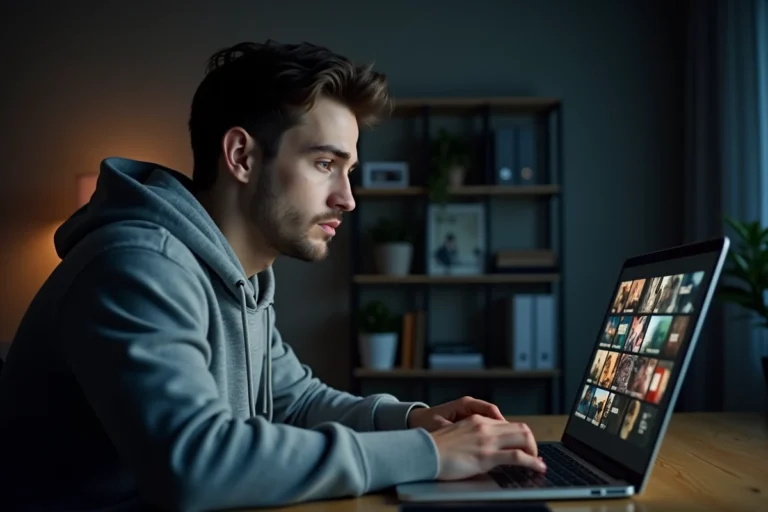 Homme regardant une plateforme de streaming vidéo sur un ordinateur portable dans un bureau à domicile, illustrant l'usage de sites de films en ligne