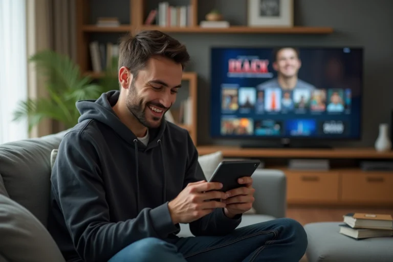 Homme souriant regardant une tablette dans un salon moderne