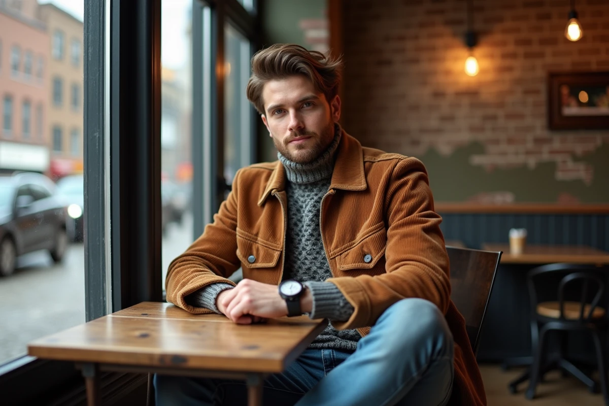 Jeune homme en mode décontractée vérifiant sa montre au café