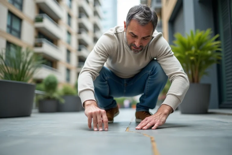 Homme d'âge moyen examinant une fissure sur un balcon urbain