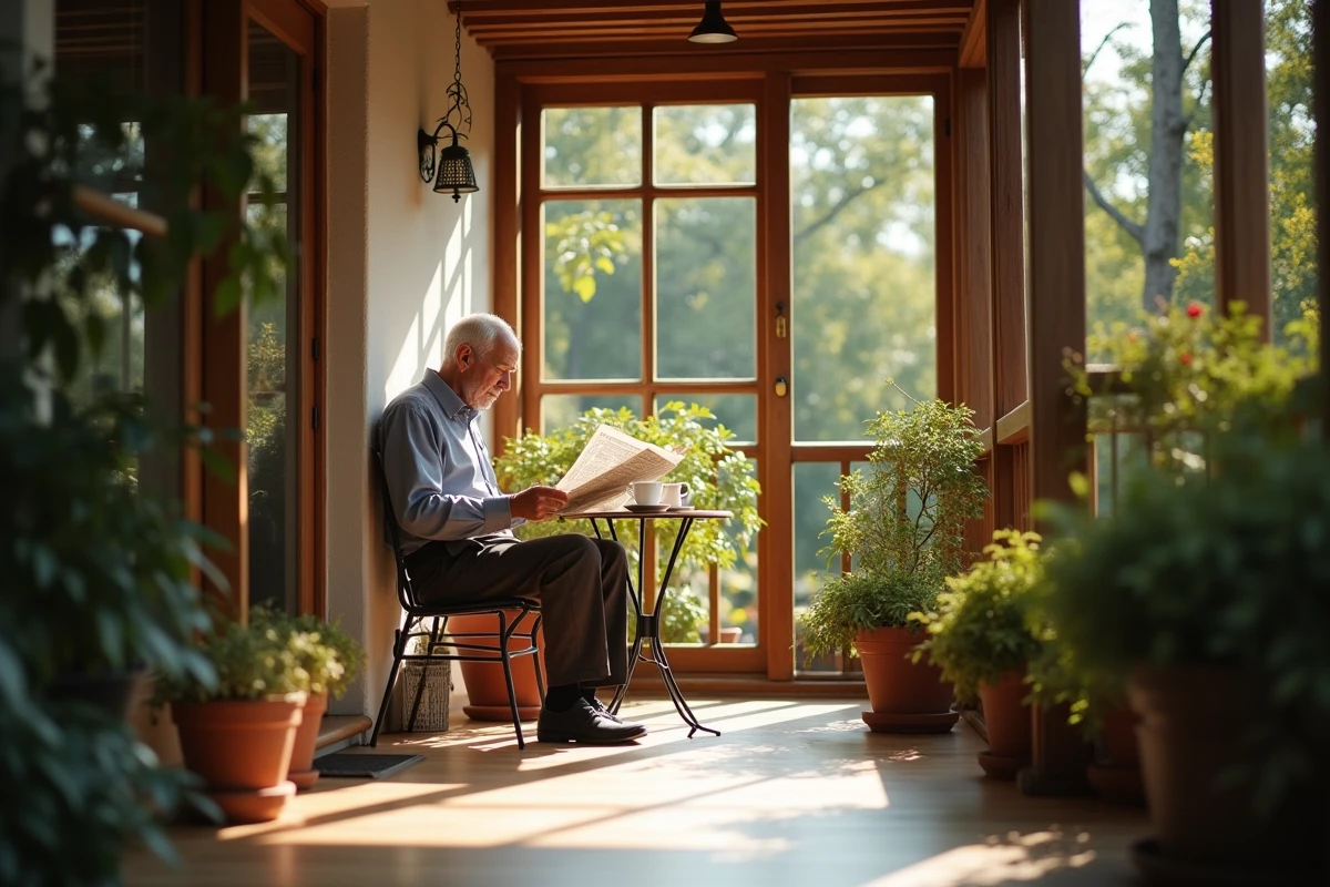 Homme âgé buvant du thé dans une véranda lumineuse