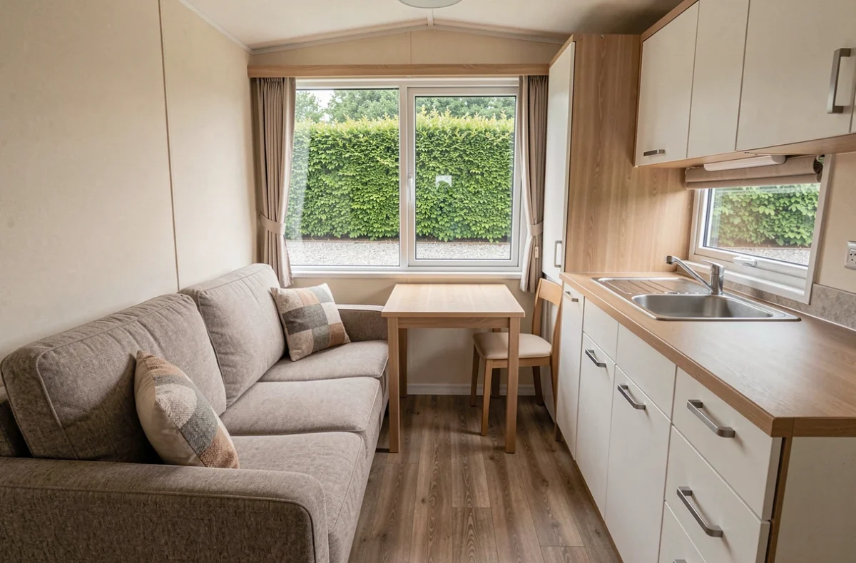 Intérieur confortable d'un mobil-home avec salon, cuisine équipée et vue sur la parcelle extérieure