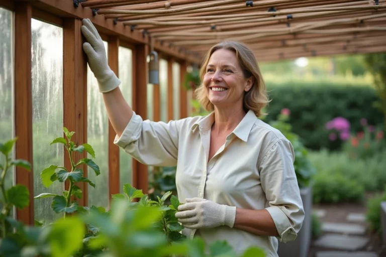 Femme ajustant une ombrière en jardinage naturel