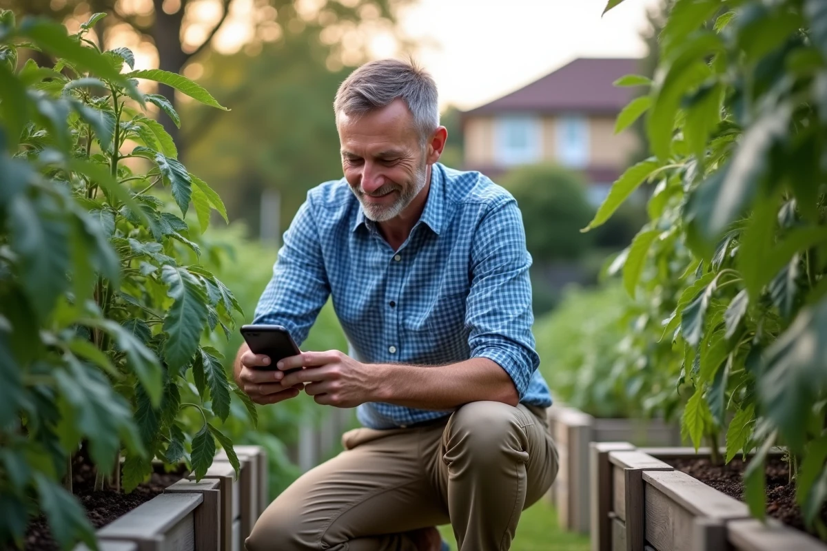 Homme en jardinage vérifiant une tomate dans le jardin