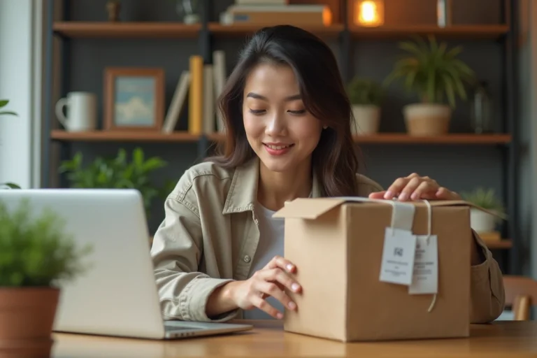Jeune femme examine un colis de vetements en ligne