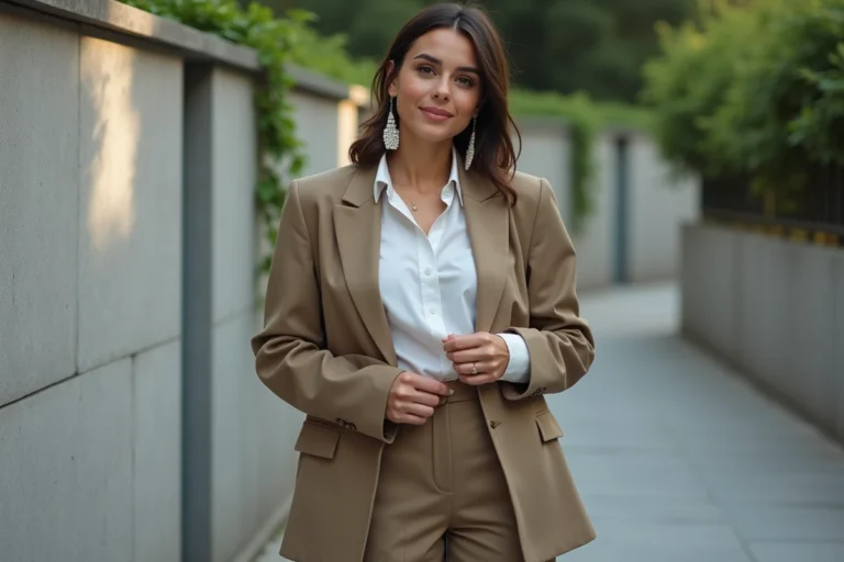 Jeune femme élégante en blazer urbain et boucles d'oreilles géométriques