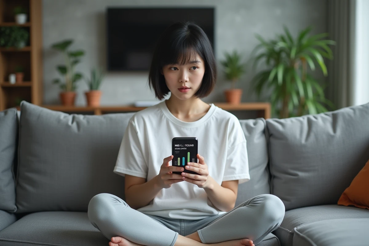 Jeune femme vérifiant les statistiques de temps de jeu sur Roblox via son smartphone