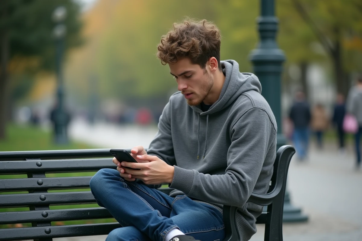 Jeune homme vérifiant ses favoris sur son smartphone en plein air