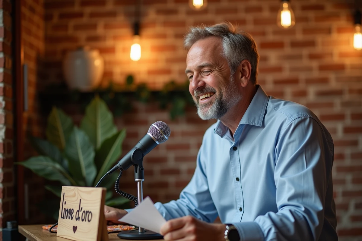 Invité de mariage enregistrant un message vocal pour le livre d'or audio devant un microphone vintage décoré