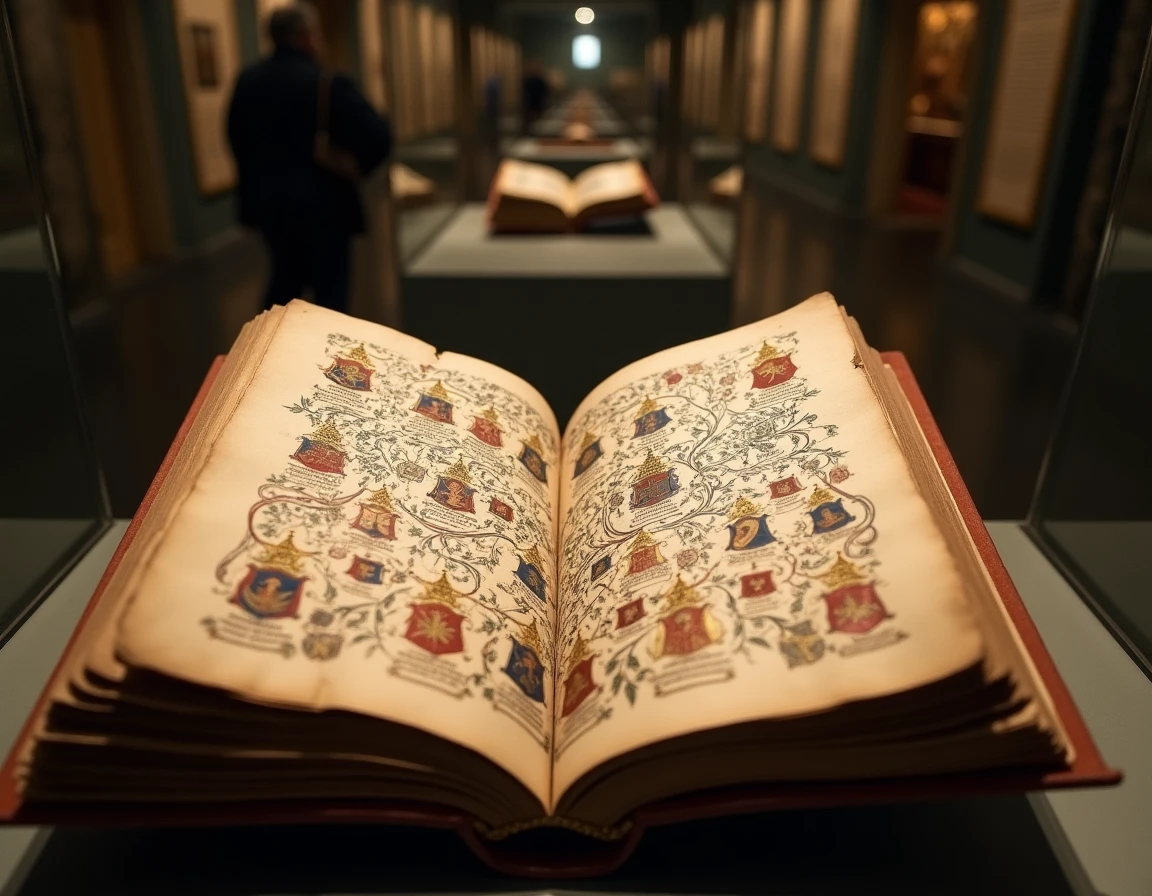 Manuscrit enluminé médiéval d'un arbre généalogique royal français exposé dans une vitrine de musée