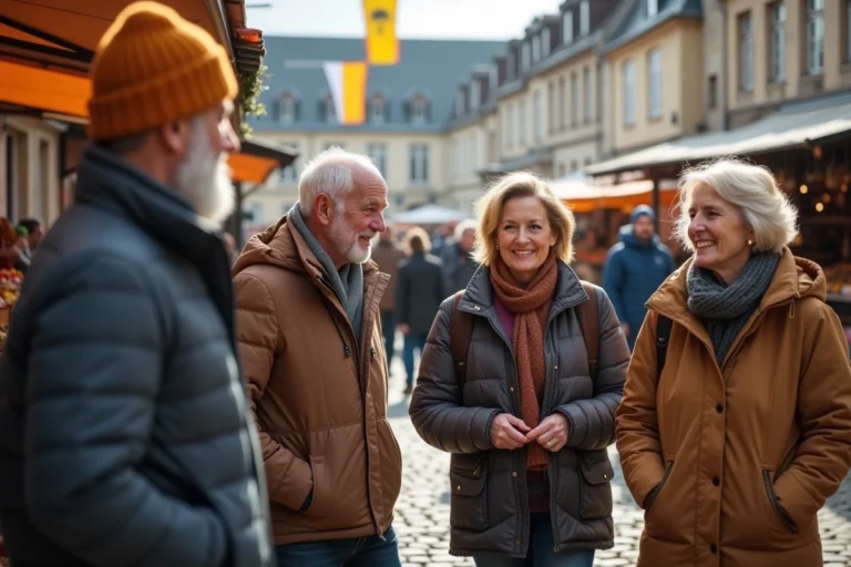 Groupe d'adultes et seniors souriants dans un marché normand