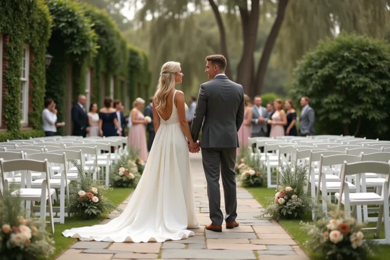 Couple de mariés souriants à l'entrée d'un lieu de mariage en plein air élégamment décoré avec des rangées de chaises blanches fleuries
