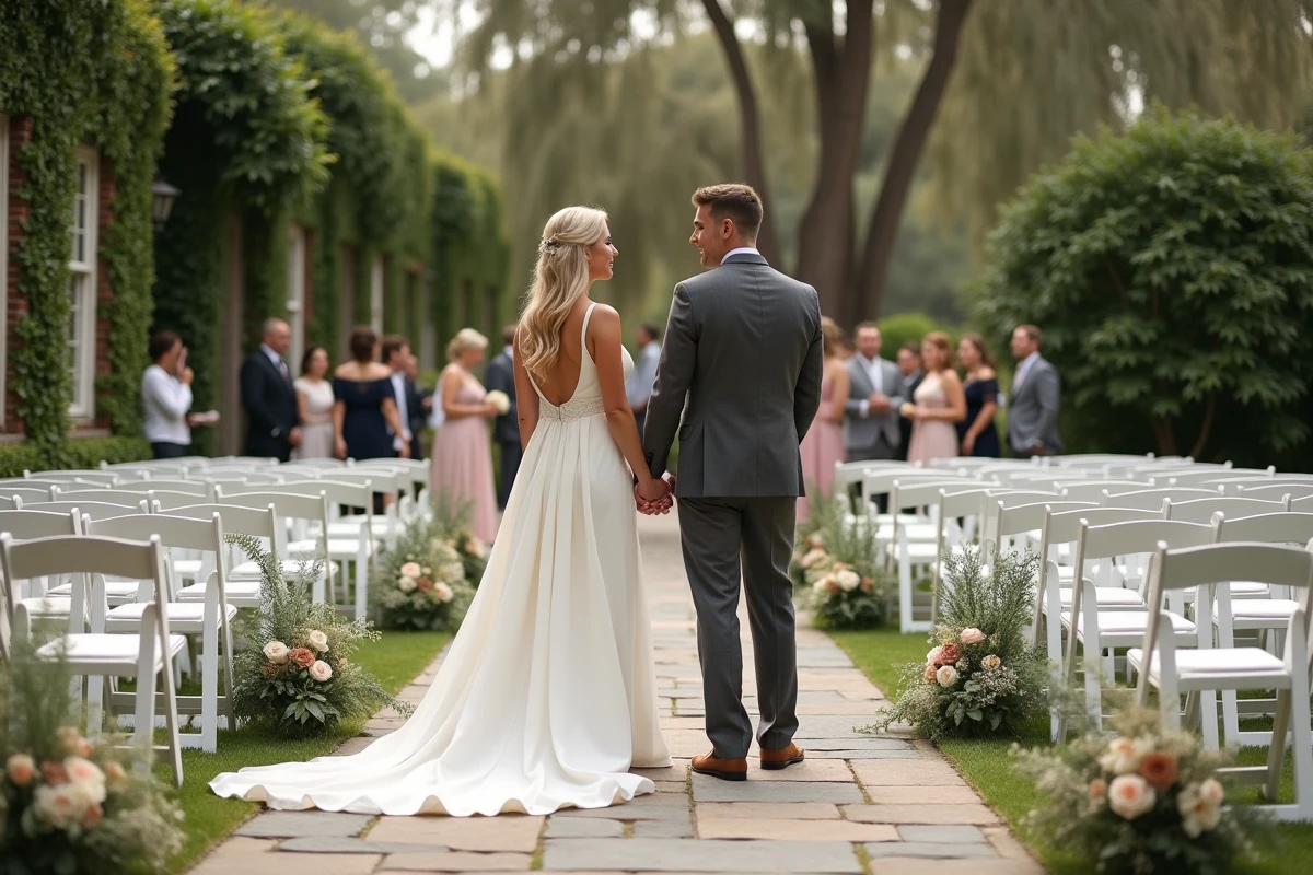 Couple de mariés souriants à l'entrée d'un lieu de mariage en plein air élégamment décoré avec des rangées de chaises blanches fleuries