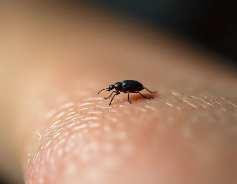 Gros plan macro d'un minuscule insecte noir sur la peau d'un avant-bras humain