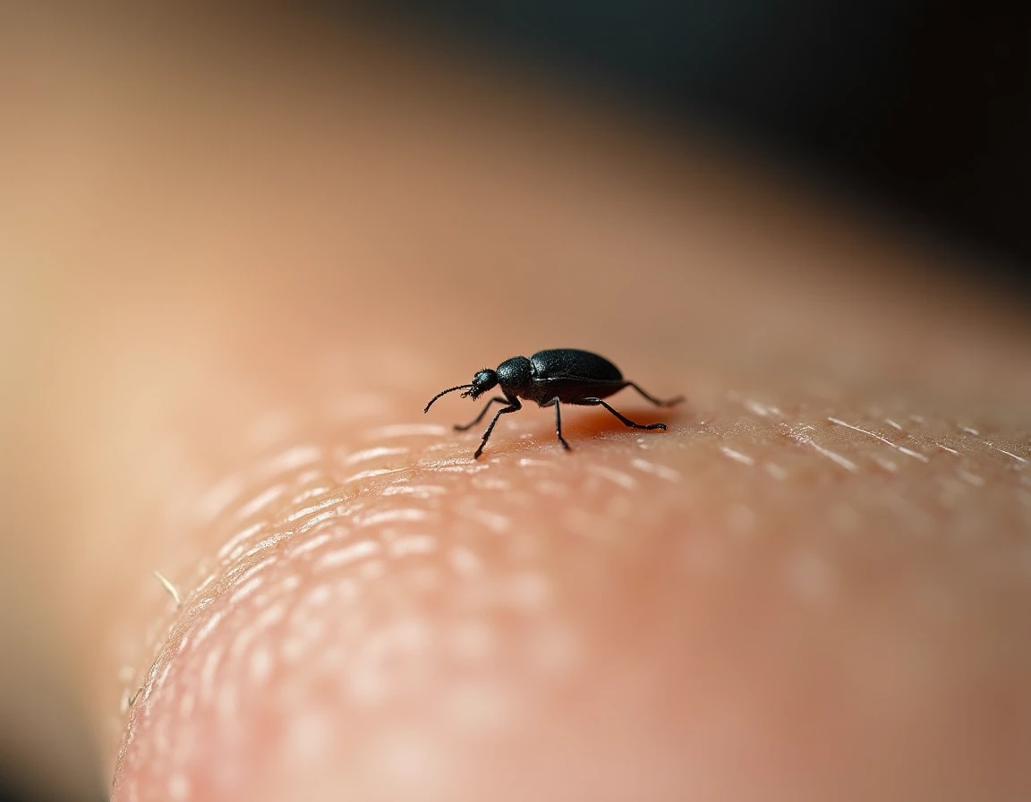 Gros plan macro d'un minuscule insecte noir sur la peau d'un avant-bras humain