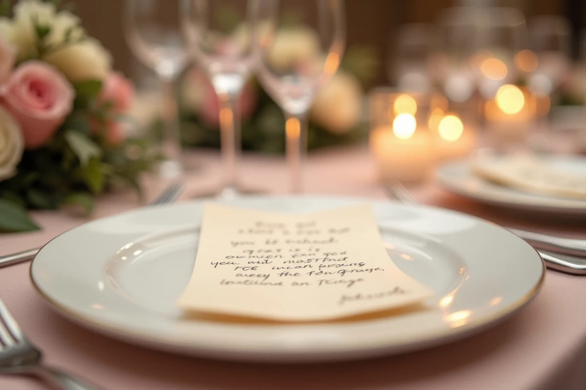 Mot manuscrit sur papier ivoire posé dans une assiette blanche sur une table de mariage élégamment dressée