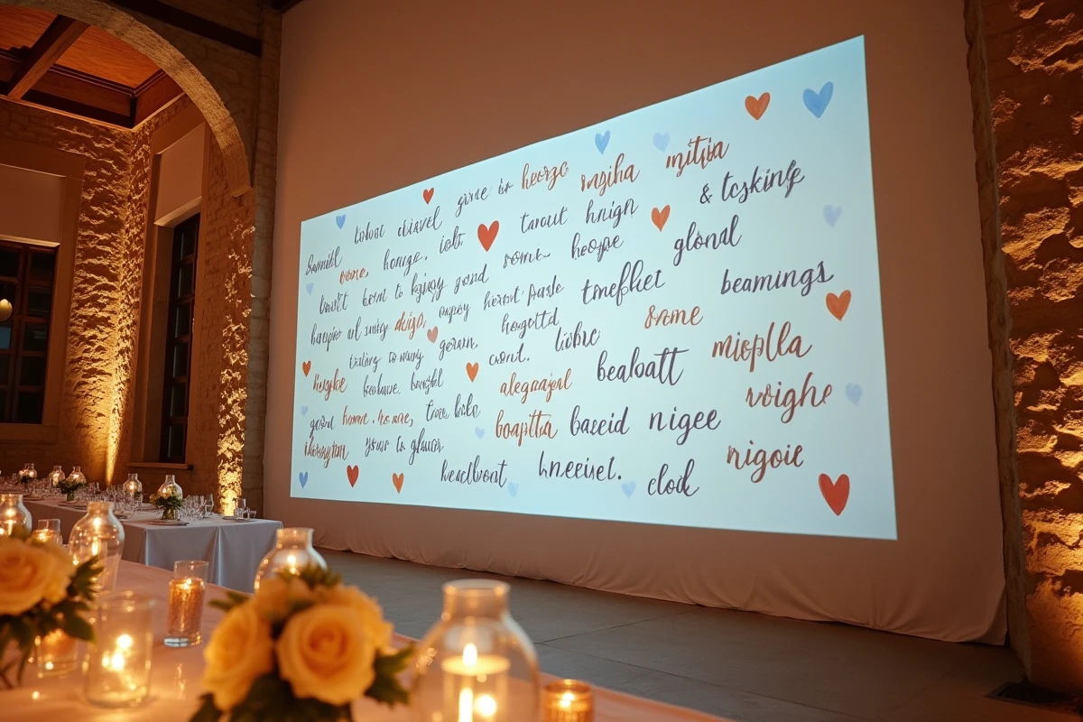 Mur à vœux interactif projeté en temps réel sur une paroi en pierre lors d'une réception de mariage