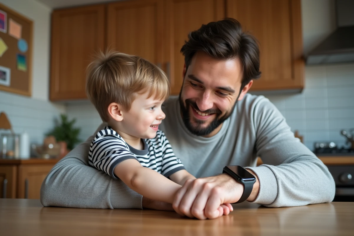 Père aidant son fils à mettre une montre GPS au poignet