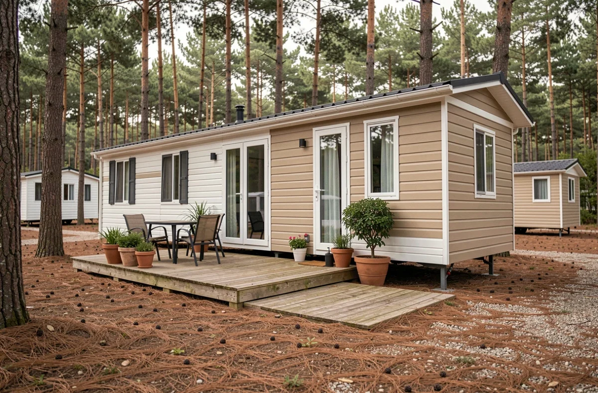 Mobil-home moderne installé sur une parcelle boisée dans un camping, avec terrasse en bois et chaises de jardin