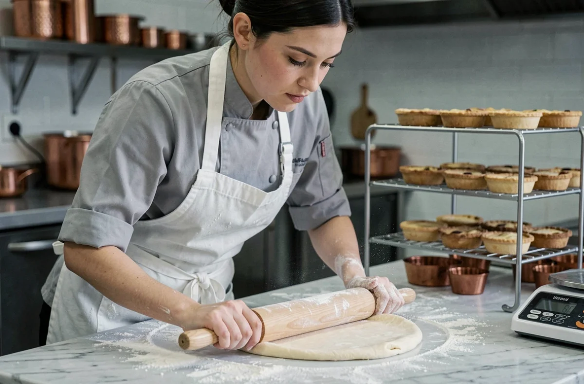 Cheffe pâtissière étalant une pâte sur un marbre dans la section pâtisserie d'une cuisine de restaurant professionnelle