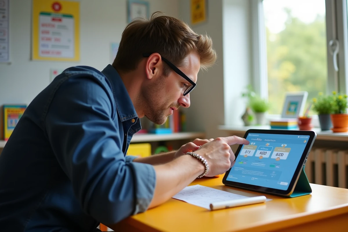 Père consultant le tableau de bord de contrôle parental pour surveiller le temps de jeu Roblox de son enfant