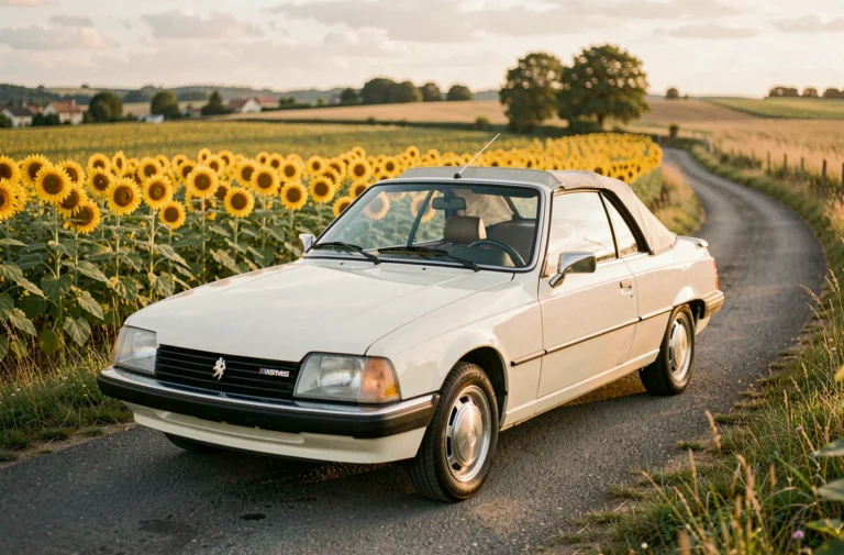 Peugeot 305 décapotable blanche garée sur une route de campagne française entourée de champs de tournesols