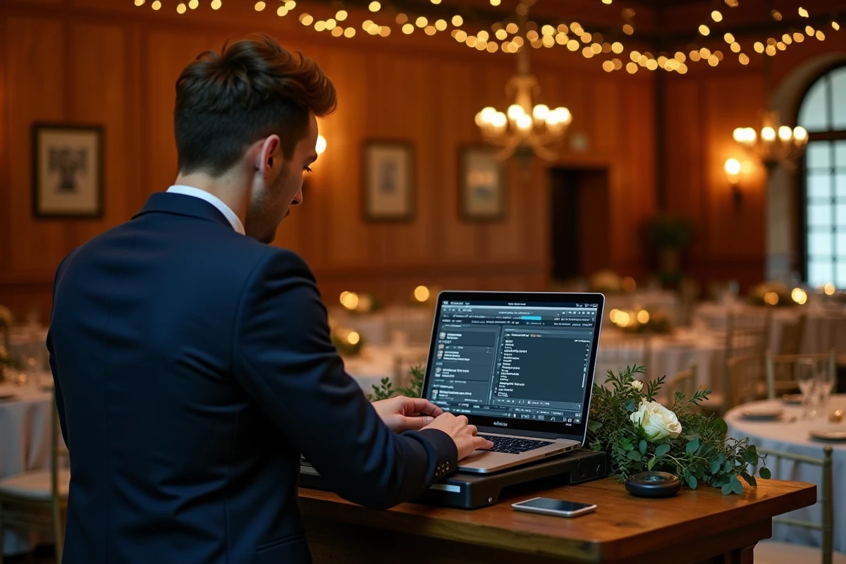 DJ de mariage préparant une playlist d'entrée narrative sur son ordinateur à une console décorée de verdure
