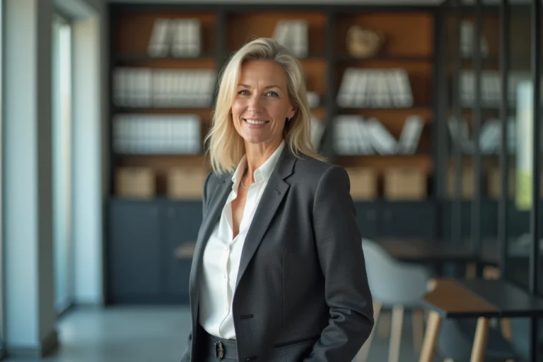 Portrait professionnel d'une attachée de presse talentueuse en blazer gris dans un bureau moderne
