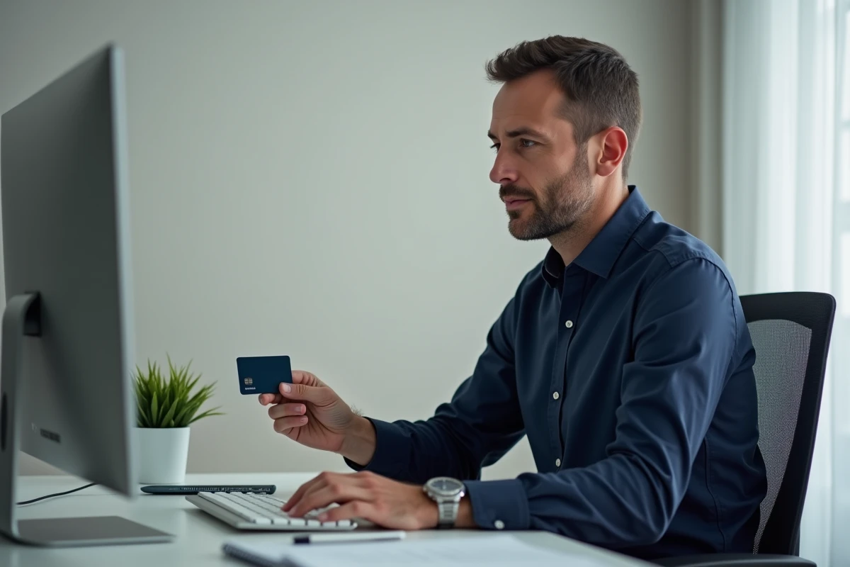 Homme consultant sa carte My Very Best Card lors de sa première connexion sur son ordinateur de bureau