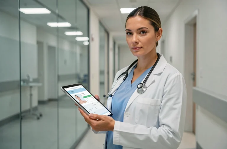 Professionnelle de santé en blouse blanche consultant une tablette numérique dans un couloir d'hôpital moderne, illustrant les métiers de santé du futur