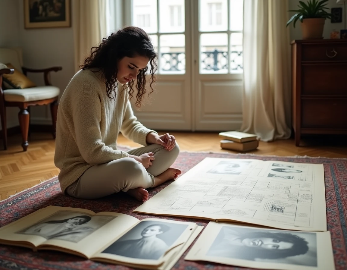 Jeune femme explorant des documents généalogiques sur les rois de France dans un appartement parisien