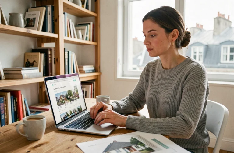 Femme consultant des annonces immobilières en ligne sur un ordinateur portable dans un bureau à domicile cosy