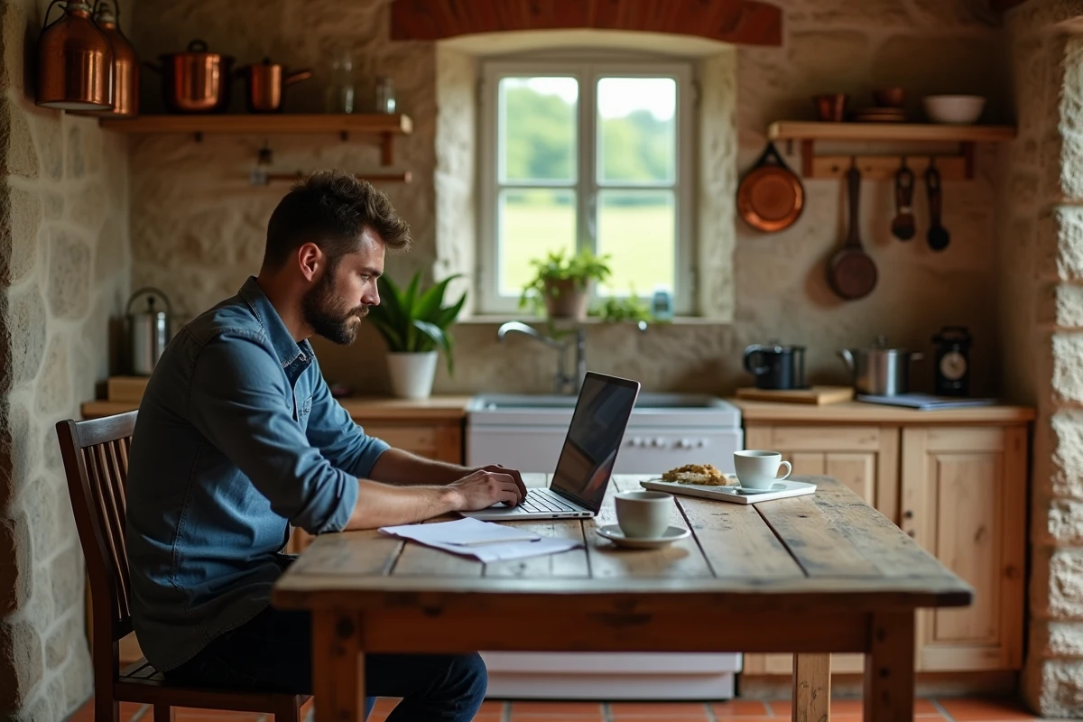 Homme recherchant des annonces immobilières en ligne dans la cuisine en pierre d'une ferme normande rénovée