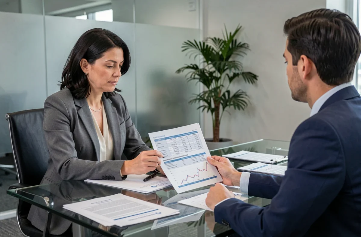 Investisseuse et conseiller financier étudiant ensemble un rapport sur les dates de versement de dividendes en réunion