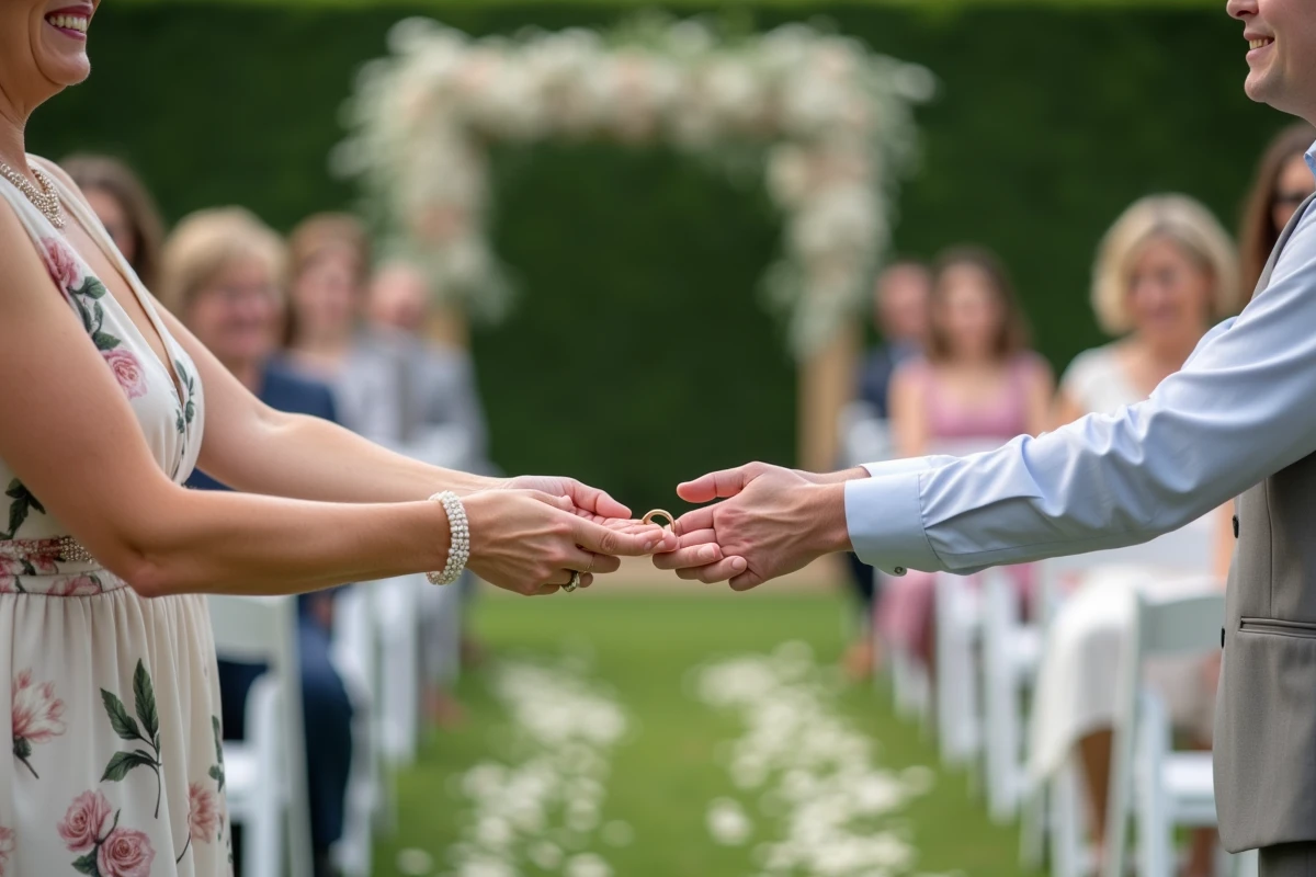 Invitée de mariage tenant délicatement une alliance lors d'une cérémonie ring warming entre les rangées de chaises