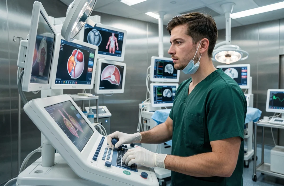 Technicien en chirurgie robotique travaillant sur une console médicale avancée dans un bloc opératoire high-tech, symbole des nouvelles opportunités dans la santé