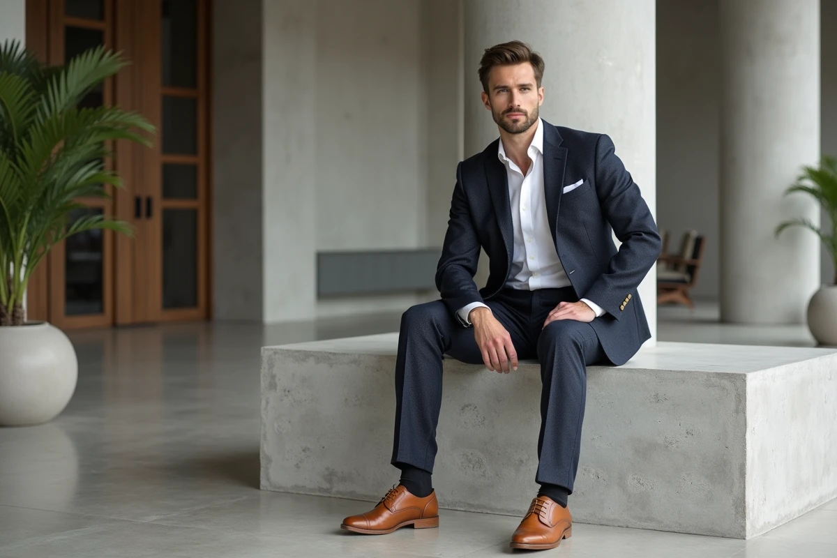 Homme élégant en costume bleu marine assis dans un showroom contemporain au sol en terrazzo