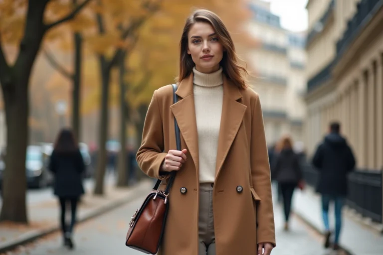 Femme portant un manteau camel structuré et un sac en cuir dans une rue parisienne pavée aux tons automnaux