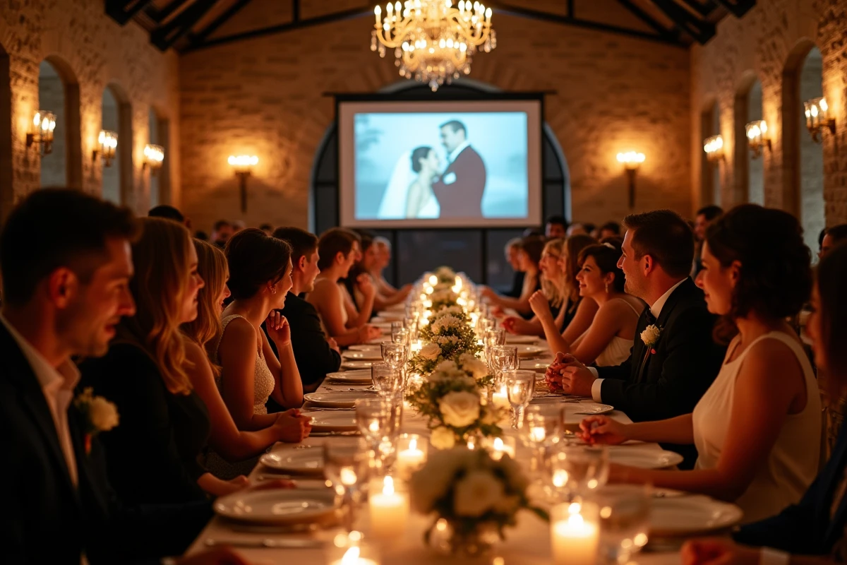 Invités de mariage émus regardant une vidéo surprise projetée sur grand écran en fin de repas lors de la réception