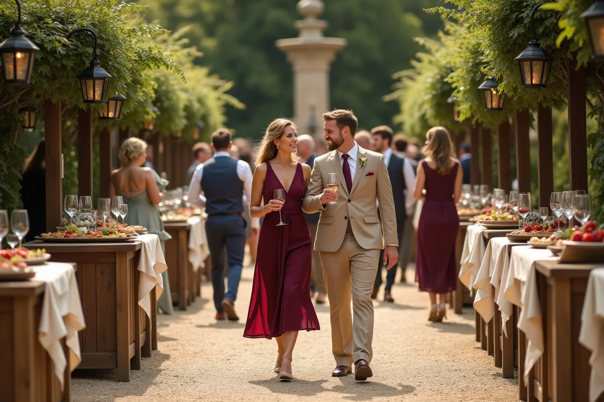 Invités de mariage se promenant lors d'un vin d'honneur déambulatoire avec des stands de dégustation dans un jardin